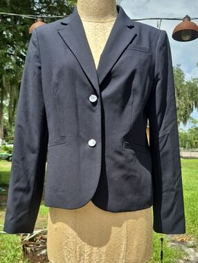 Calvin Klein 12 Navy Blue 2 Button Blazer Jacket Lined Collar Polyester Blend